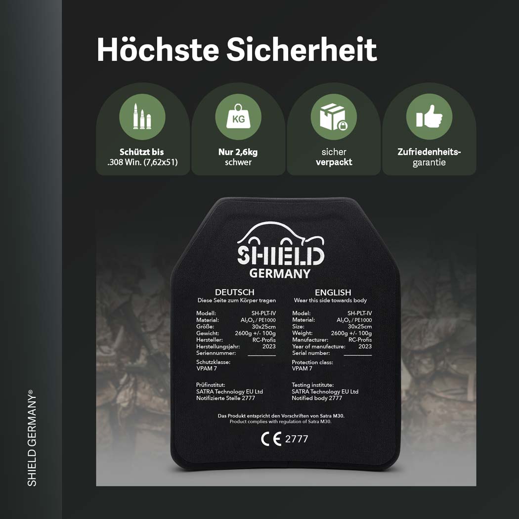Shield Germany Ballistische Schutzplatte (gem. SK4/NIJ IV), Stand Alone,  25x30cm
